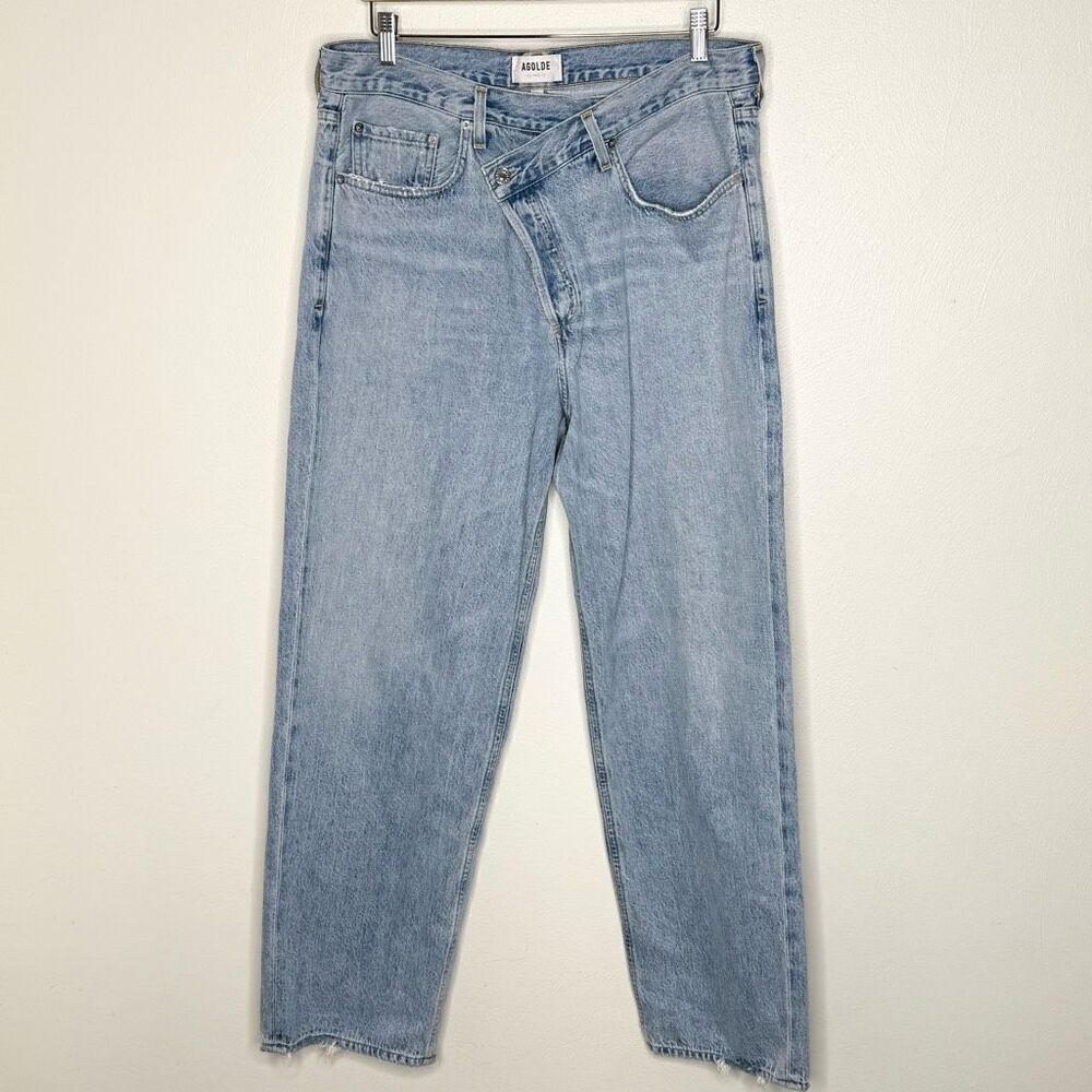 Agolde High Rise Straight Leg Diagonal Button Closure Light Wash Jeans - Women’s